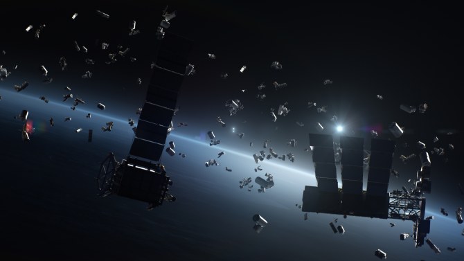 3D mallinnus, jossa rikkinäiset satelliitit kiertävät Maata.
