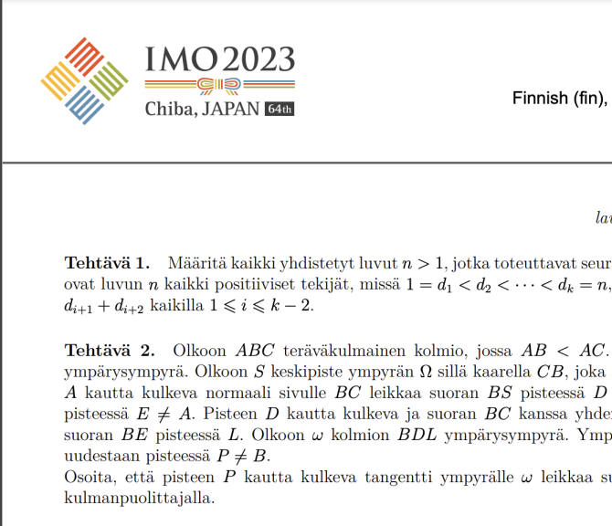 Kuvakaappaus matematiikkaolympialaisten tehtävästä.