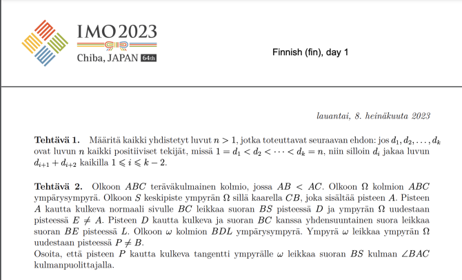 Kuvakaappaus matematiikkaolympialaisten tehtävästä.