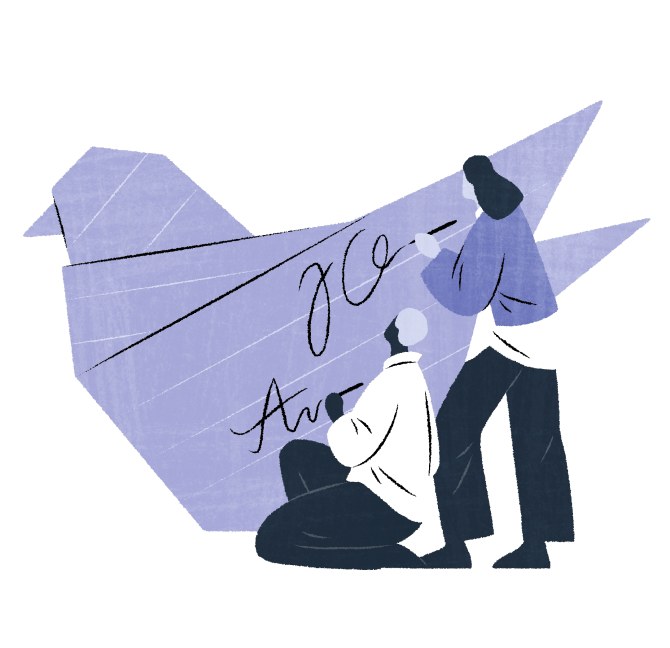 Kaksi hahmoa kirjoittaa origamiin.