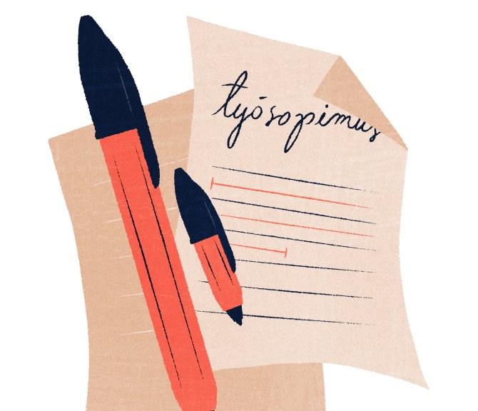 Kuvituskuva työsopimuksesta ja kahdesta kynästä.