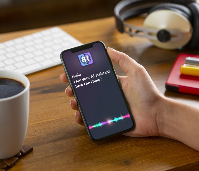 kännykkä, tekoäly, käsi, kahvikuppi