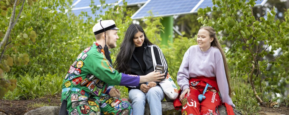 Opiskelijoita haalarit jalassa aurinkopaneelin edessä.