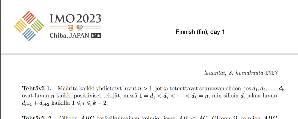 Kuvakaappaus matematiikkaolympialaisten tehtävästä.