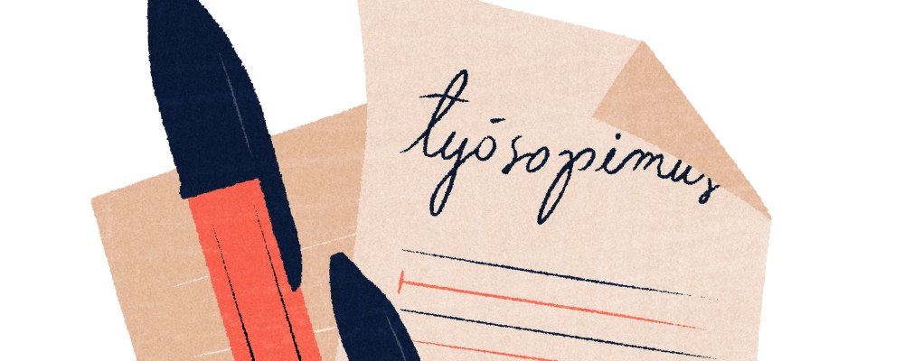 Kuvituskuva työsopimuksesta ja kahdesta kynästä.