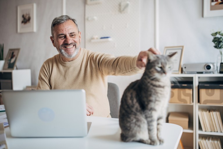 Harmaantunut mies pitää työstään tauon silittääkseen kissaa.