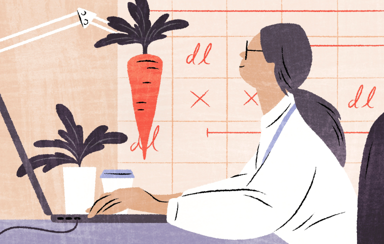 Piirroksessa henkilö näpyttelee tietokonetta, kannustimenaan porkkana.