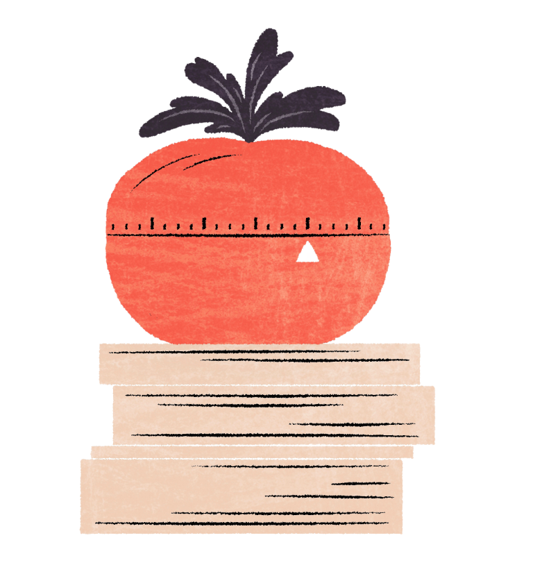 Tomaatinmuotoinen munakello kirjapinon päällä.