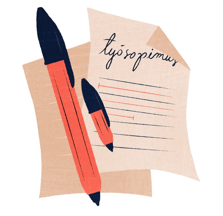 Kuvituskuva työsopimuksesta ja kahdesta kynästä.