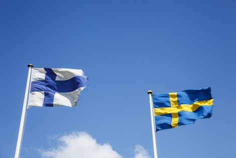 Suomen ja Ruotisin liput liehuvat taivasta vasten.