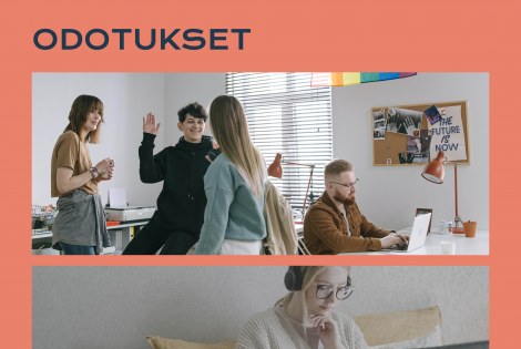 ryhmä opiskelijoita ja yksi opiskelija koneen ääressä