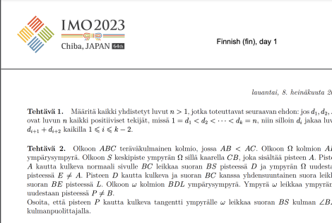 Kuvakaappaus matematiikkaolympialaisten tehtävästä.