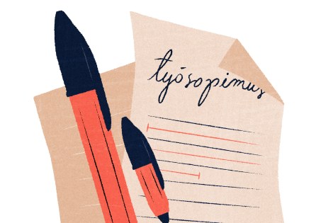 Kuvituskuva työsopimuksesta ja kahdesta kynästä.