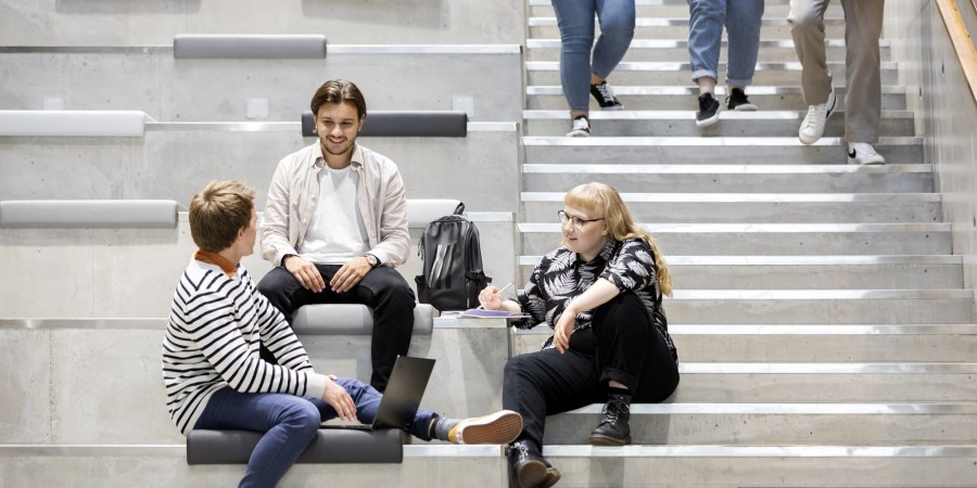 Joukko opiskelijoita Turun yliopiston Aurum-rakennuksen portailla